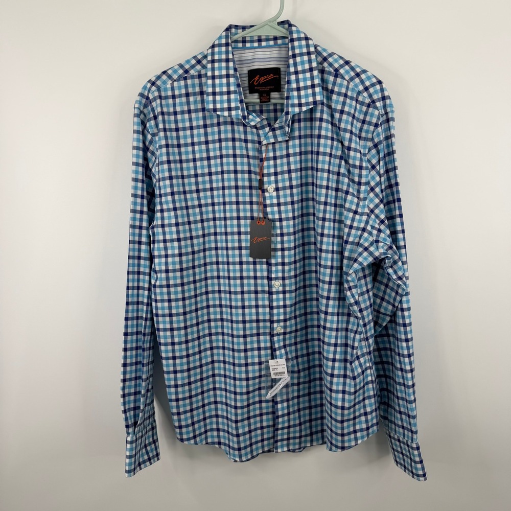 Egara‎ Dress Shirt Mens XL Blue Plaid Modern Fit Non Iron Long Sleeve Office